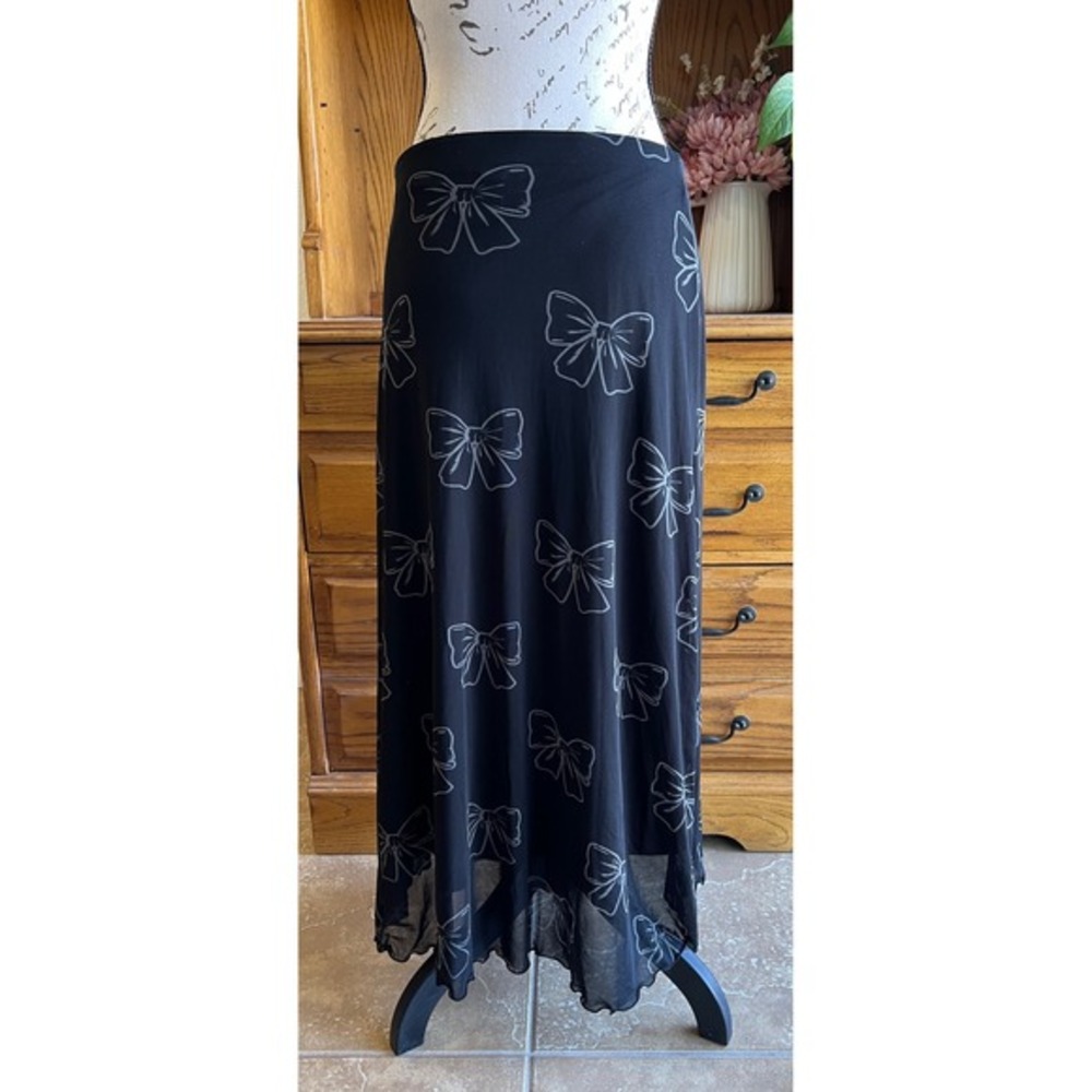 Cosmic Aura Black Bow Print Mesh Maxi Skirt Whimsygoth Goth Size Medium - Picture 3 of 6